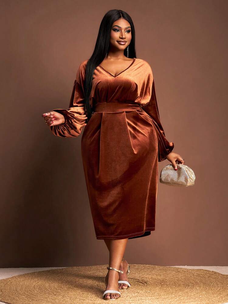 brown velvet cocktail dress Slaydiva Women's Elegant Autumn Midi Dress, Plus Size V-Neck Bodycon Party Outfit, Y2K Vintage Luxurious Holiday Gown Evening gown Color:Navy with Red Dots long red maxi dress Harmony black and gold Bend to one side
