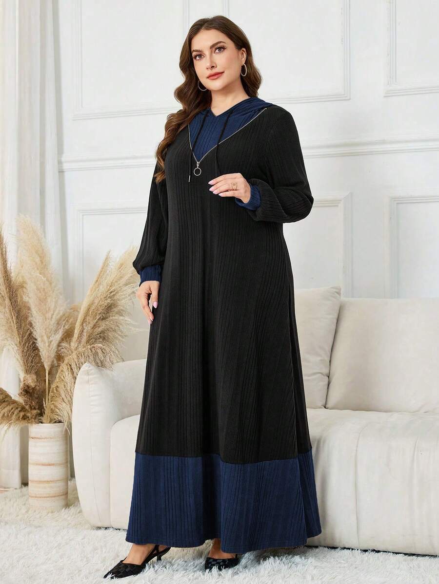 Al Najma 女士连帽长袖撞色二合一拉链装饰抓绒面料休闲百搭连衣裙,大码,秋冬款 - 彩色 - 查看 1
