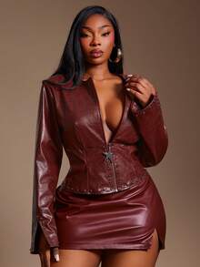 SHEIN SXY Áo khoác da dài tay phong cách đường phố màu đỏ rượu vang cỡ lớn dành cho nữ, Áo khoác da, Màu đỏ tía, Punk, Quần áo mùa thu cho nữ, Mùa đông, Áo khoác lửng, Thời trang đường phố, Cổ điển - Đỏ - Xem 9