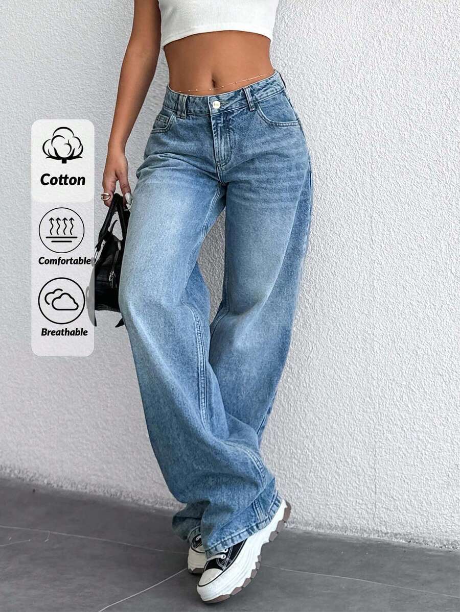 SHEIN Tall 100%Cotton Low Waist Straight Cut Jeans - Medium Wash - View 1