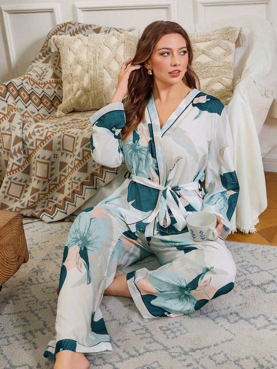 Serenescape 大码女式印花和服领长袖睡衣套装 家居服 女士曲线睡衣套装 真丝睡衣 女士休闲套装 配套睡衣套装 女士秋冬服装 - 彩色 - 查看 1