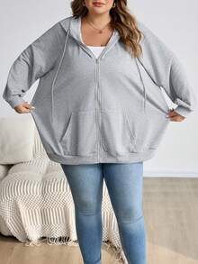 SHEIN CURVE+ 大码拉链插肩袖抽绳卫衣，秋季上衣，秋季女装/冬季 - 淺灰色 - 查看 4