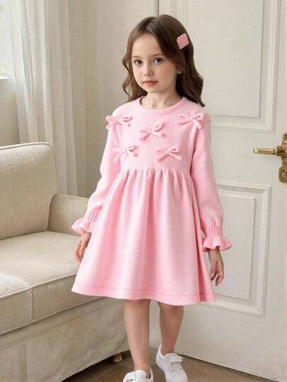SHEIN Playful Pals Young Girl' Fashionable Bow Decor Pink Cute Knitted Long Sleeve Sweater Dress, Autumn/Winter