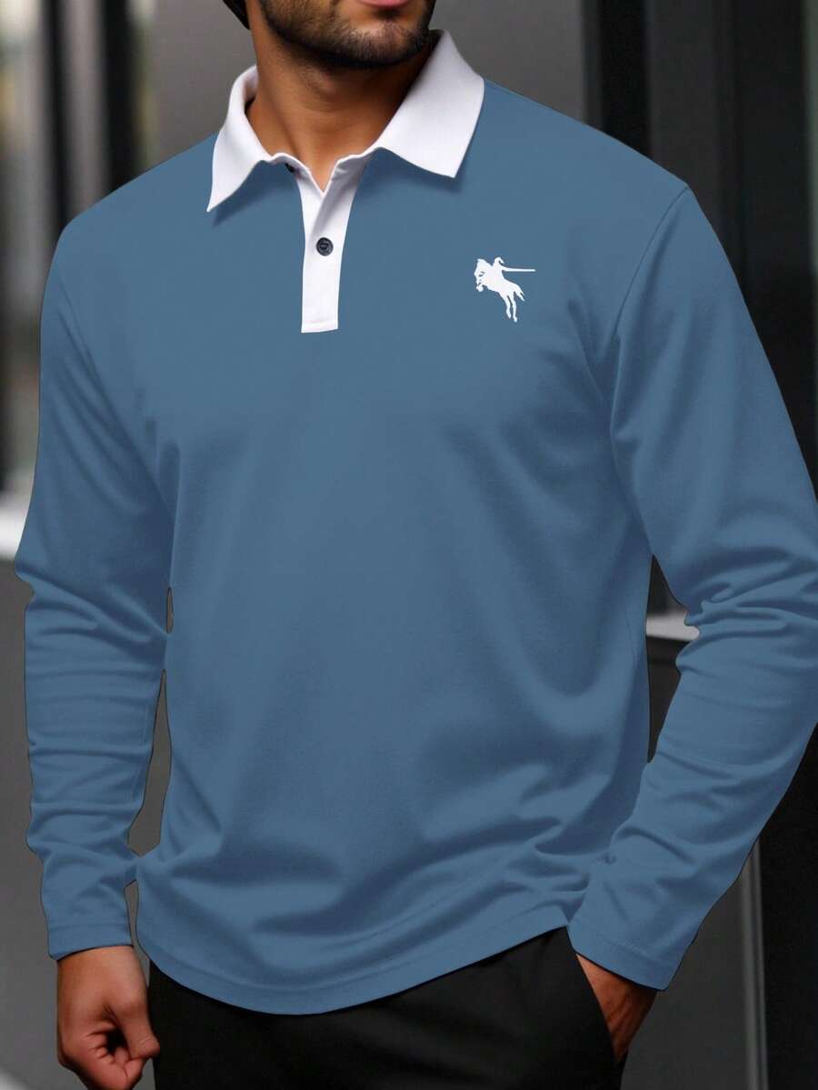 Manfinity Homme 加大码男士休闲撞色领长袖Polo衫，秋季款 - 霧霾藍 - 查看 1
