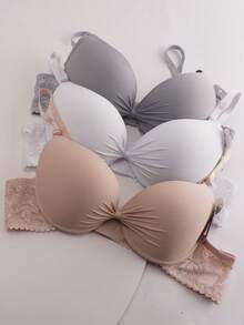 Sujetador de mujer, copa B, paquete de 6, 6 colores, copa 3/4 confort, diseño con tres hebillas metálicas, tirantes ajustables, diseño con lazo plisado, diseño con inserciones de encaje, decoración con ribete de concha, sujetador push-up de encaje sexy y cómodo. - Multicolor - Ver 6