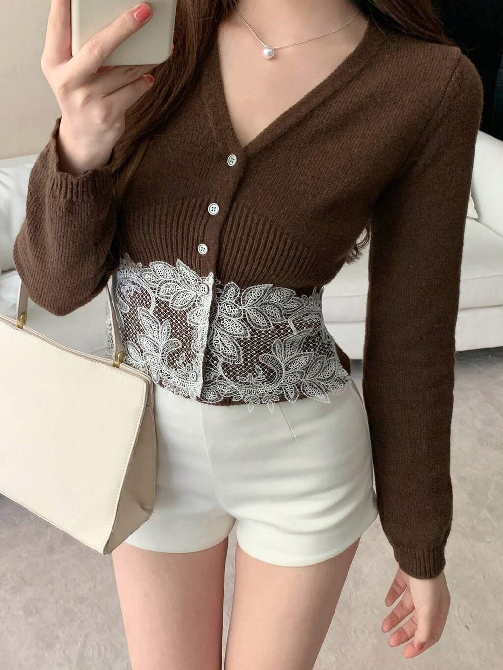 Women's Casual V-Neck Lace Patchwork Cropped Cardigan, Brown, Suitable For Autumn, Winter, Spring Y2k