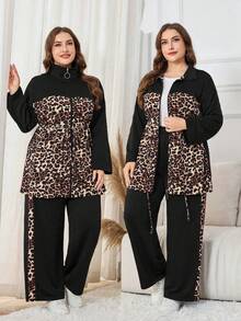 Modelyn Pantalon long femme à taille cintrée avec imprimé léopard et patchwork, ensemble deux pièces polyvalent pour un port quotidien, grande taille, automne/hiver - Multicolore - Voir 1