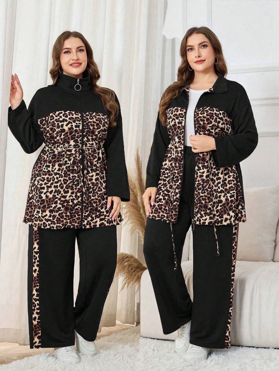 Modelyn Pantalon long femme à taille cintrée avec imprimé léopard et patchwork, ensemble deux pièces polyvalent pour un port quotidien, grande taille, automne/hiver - Multicolore - Voir 1