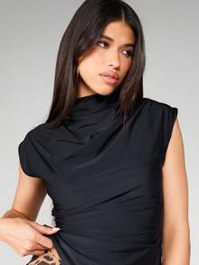 MISSGUIDED Áo hở vai không tay cổ cao xếp nếp bất đối xứng với kiểu dáng ôm sát cho những buổi tối - màu đen - Xem 5