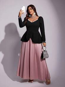Vestido de cóctel de manga larga, elegante y de lujo, con bloque de color y decoración de perlas, estilo línea A, para mujer talla grande, color rosa, de Viva Relle - Multicolor - Ver 6