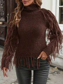 EMERY ROSE Women's Casual Turtleneck Elegant Tassel Long Sleeve Pullover Sweater, Brown, Winter Holiday