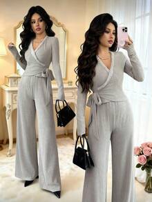 Islaluna Bộ đồ liền thân ống rộng cổ chữ V đan gân màu mơ mới thời trang dành cho nữ, thích hợp mặc hàng ngày, đám cưới, dạ hội, đi làm, tiệc tốt nghiệp, ngày lễ, hẹn hò, tiệc tùng, Halloween, Giáng sinh, năm mới, lễ tạ ơn - Màu Khaki - Xem 1