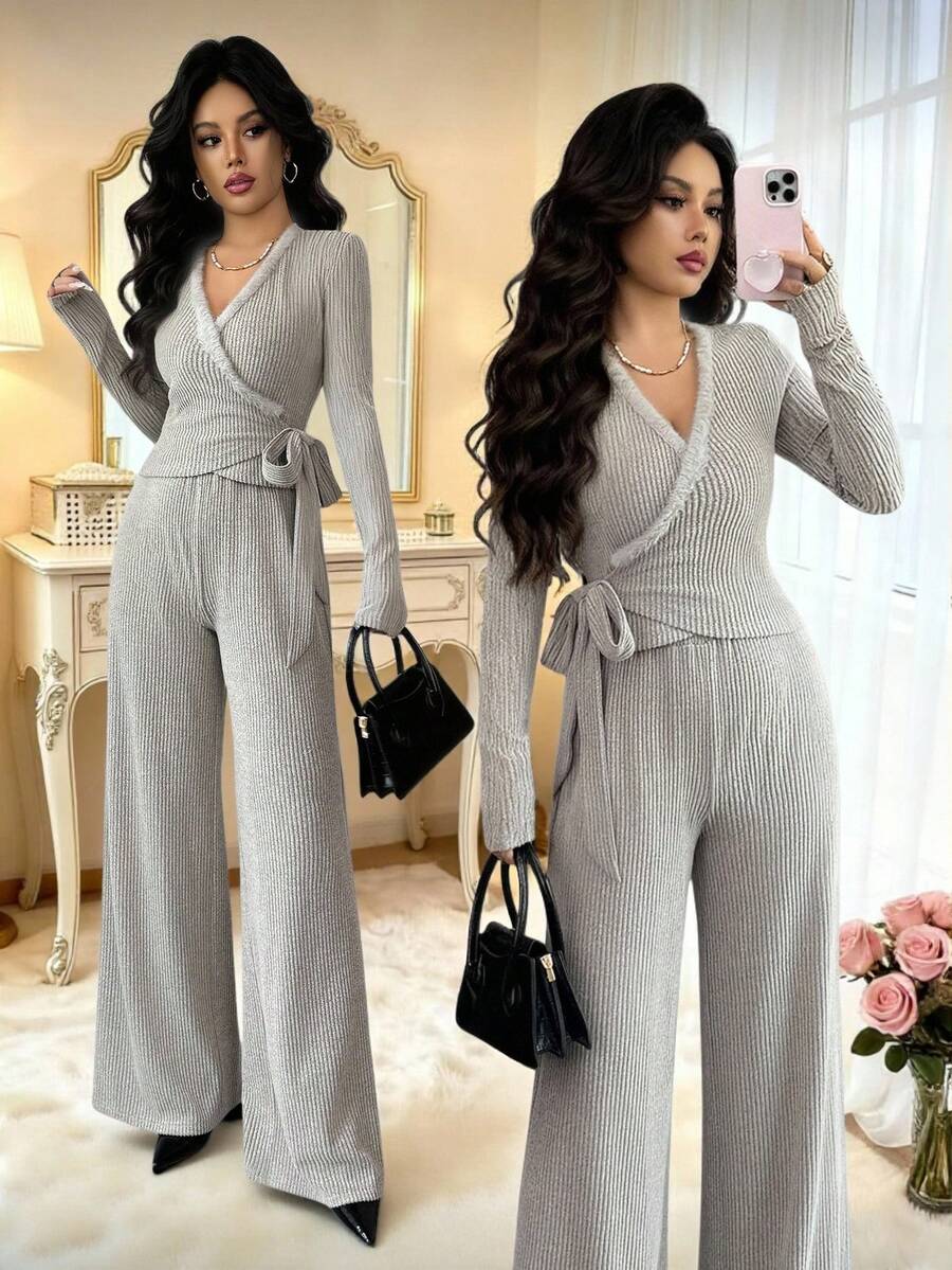 Islaluna Bộ đồ liền thân ống rộng cổ chữ V đan gân màu mơ mới thời trang dành cho nữ, thích hợp mặc hàng ngày, đám cưới, dạ hội, đi làm, tiệc tốt nghiệp, ngày lễ, hẹn hò, tiệc tùng, Halloween, Giáng sinh, năm mới, lễ tạ ơn - Màu Khaki - Xem 1