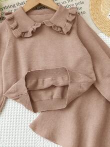 SHEIN Young Girl Casual Solid Color Ruffle Collar Long Sleeve Sweater And Knitted Mini Skirt Set, Autumn/Winter - Camel - View 4