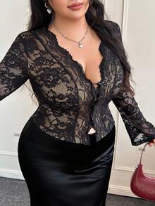 CovetEZ Plus Size Sexy Lace Trim Semi-Sheer Women Top/Valentine's Day - Black - View 8