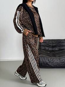 2pcs Set Contrast Color Striped Fleece Hoodie Sweatshirt, Fashionable Street Style Leopard Print - Multicolor - View 6