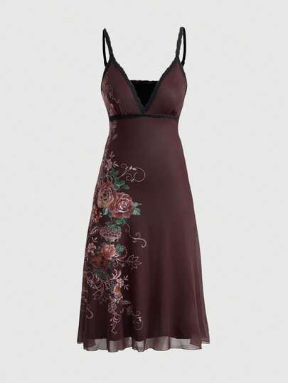 Goth Plus Size Vintage Romantic Medieval Floral Print Sleeveless Dress For Women