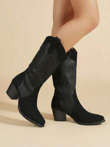 Bota alta mujer costura artesanal punta afilada sin cordones tacón grueso estilo vaquero uso diario botas - Negro - Ver 3