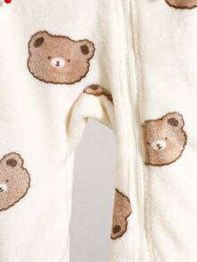 SHEIN 一件装幼儿保暖抓绒草莓印花连帽长袖连体衣，时尚甜美，适合秋冬季穿着。 - 米色 - 查看 7