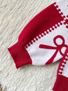 Girls' Red Plaid Bow Decor Round Neck Long Sleeve Sweater Fall Winter - Red - View 3