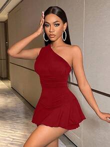 BamGleam 女士斜肩荷叶边下摆紧身连衣裤 - 紅色 - 查看 5