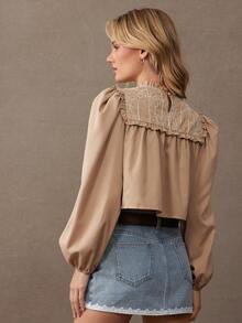 WESTFADE Floral Embroidered Mock Neck Ruffle Long Puff Sleeve Tiered Babydoll Top Cute Fall, Autumn, Winter, Boho, Casual, Country Concert, Western Wear - Brown - View 6