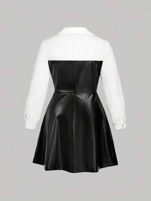 SHEIN MOD Christmas Plus Size Women's Long Sleeve PU Colorblock Mini Ruffle Fashion Short Dress, Black And White Dress Women, Faux Leather Dress, Collared Dress,2 In 1, Long Sleeve