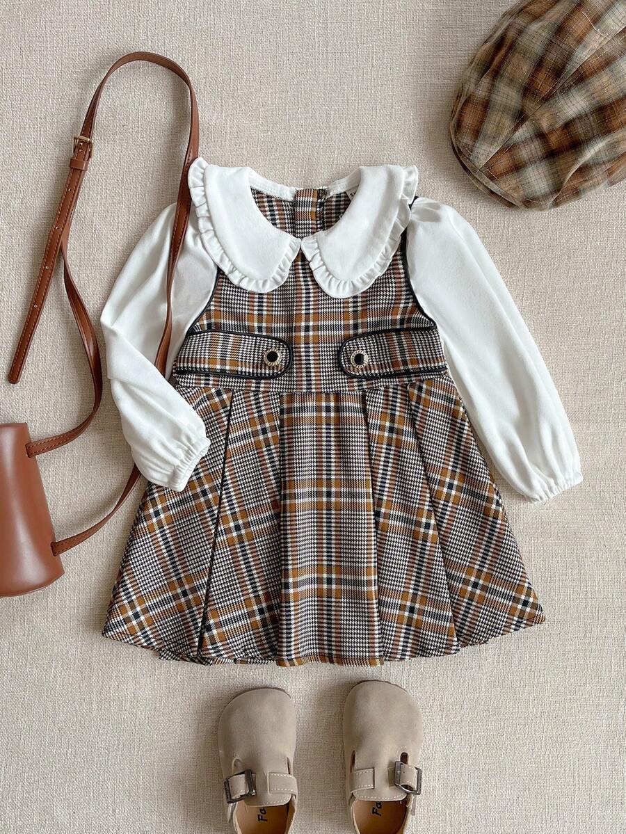 PrepCrw 1 pieza Vestido largo de manga larga a cuadros caqui y blanco con cuello para niñas bebé, elegante y versátil, adecuado para uso casual diario, salidas, reuniones, otoño e invierno - Multicolor - Ver 1