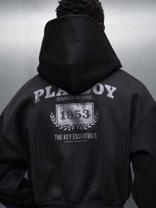 PLAYBOY X SUMWON Studios Vintage 1953 Key Essentials 短款套头连帽衫，带抽绳帽和中央口袋，冬季街头服饰 - 黑色 - 查看 5