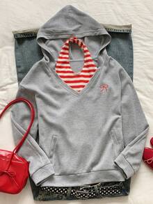 Comfortcana Bộ 2 món gồm áo tank top và áo sweatshirt màu xám thêu nơ, thích hợp mặc mùa đông cho nữ, dịp Giáng sinh và Năm mới. - Màu be - Xem 3