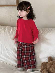 DAZY Toddler Girls' Round Neck Solid Color Casual T-Shirt And Plaid Pants Set, Homewear Christmas - Red - View 4