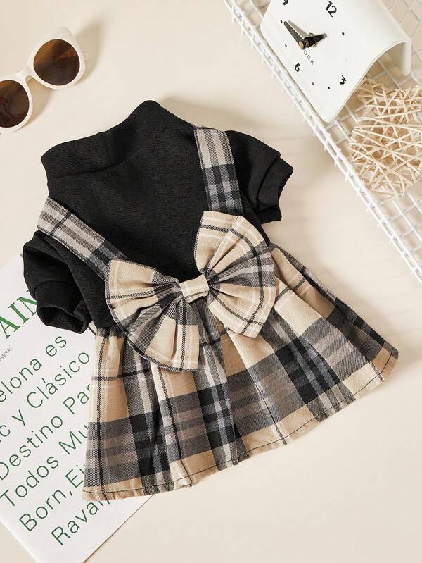 PETSIN 1pc Pet High Collar Puff Sleeve Oversized Bow-Tie Plaid Suspender Dress, Suitable For Cats And Dogs In Spring And Autumn