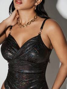 Shapewave Women's Black Summer Cute Pool Party Beach Vacation One-Piece Swimsuit,Foil Snake Skin Fabric,Hard Cup Pleated Front Backstrap Metal Accessory Design - Black - View 5