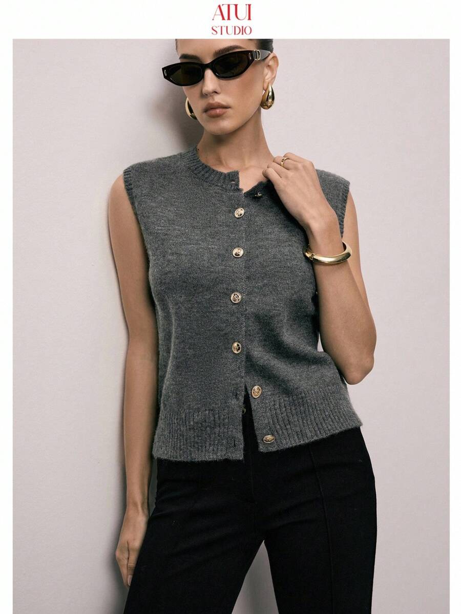 ATUI Studio Damen einfarbige V-Ausschnitt ärmellose Strickweste mit Einzelknopfverschluss
