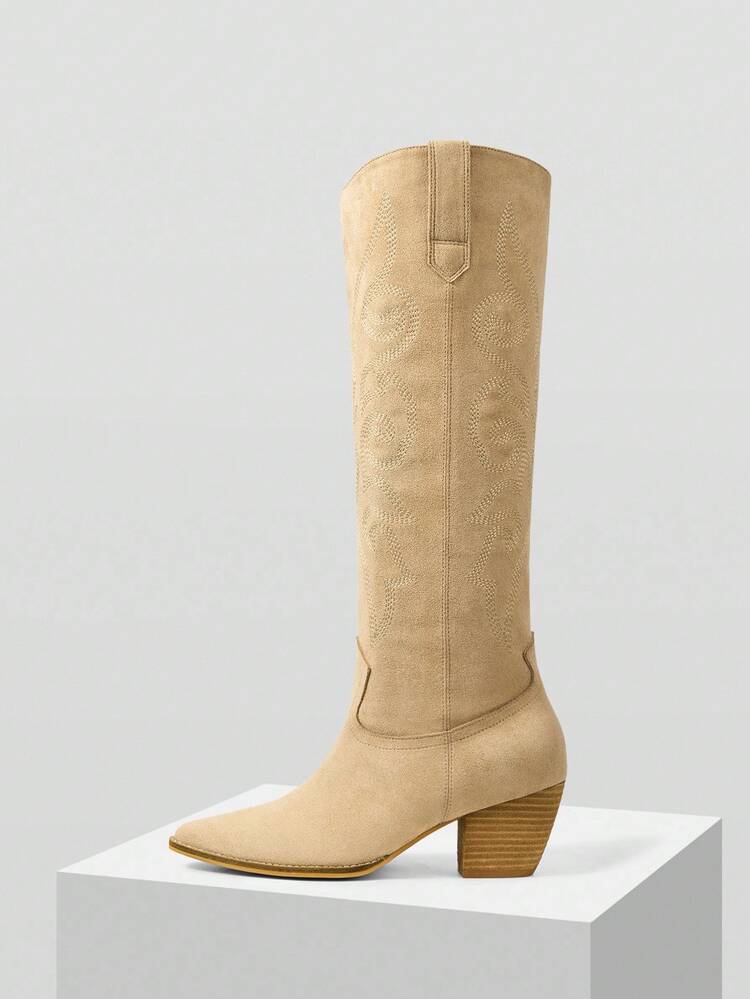 WOMEN'S VINTAGE V-CUT EMBROIDERED CHUNKY HEEL LONG BOOTS, WINTER NEW ARRIVAL