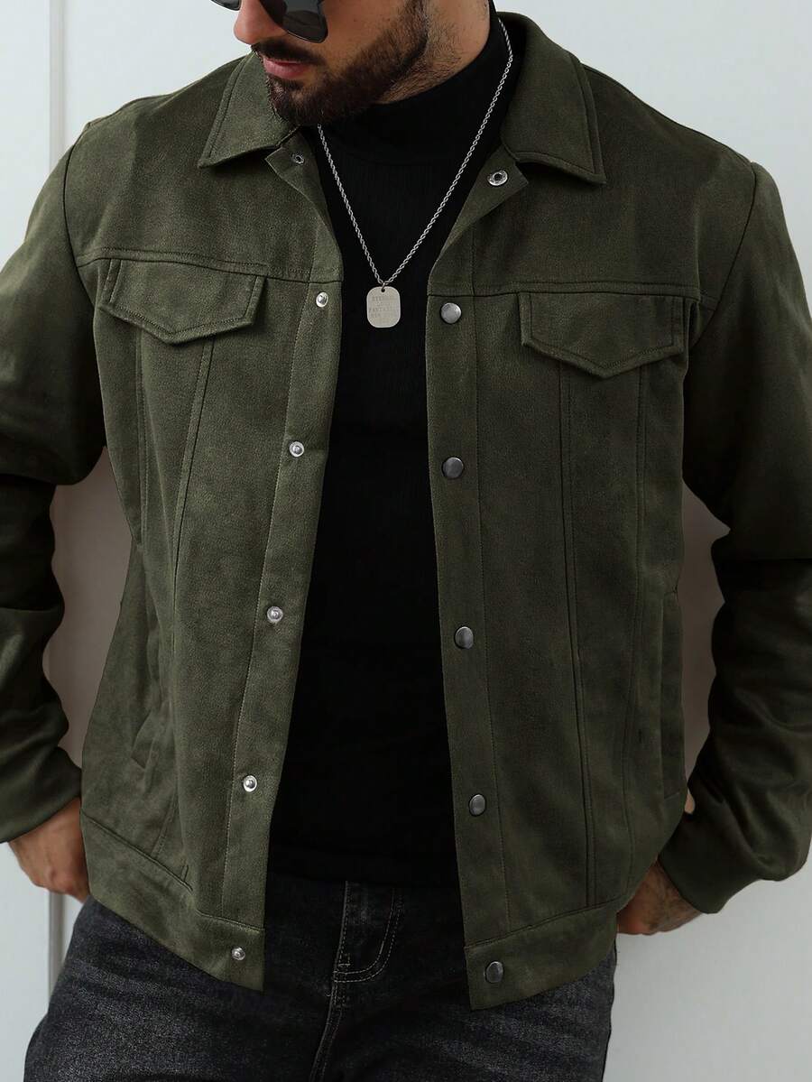 Manfinity Homme Men's Casual Versatile Solid Color Suede Fleece Jacket, Autumn - Army Green - View 1