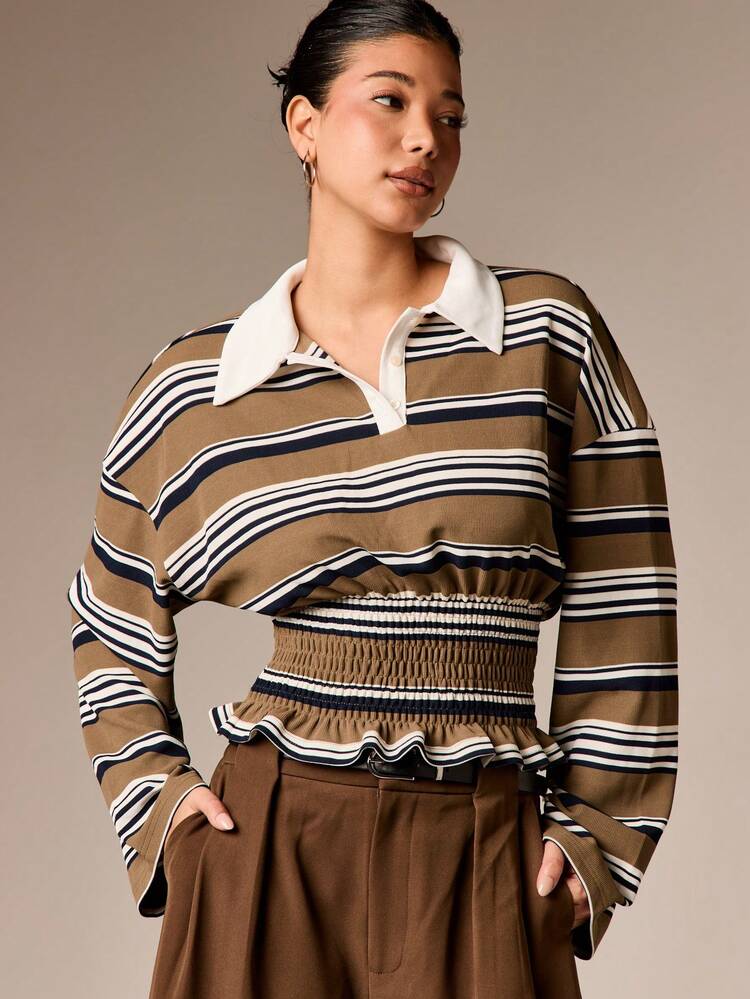 Rugby Style Striped Top With Smocked Waist