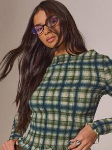 MUSERA Long Sleeve Shirred Checkerd Plaid Long Sleeve Ruffle Hem Top Autumn Cottage Core Cute Cosy Holidays Country Calling Spring Summer - Multicolor - View 1