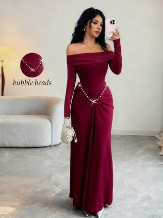 Rafferiza Elegant Asymmetrisk Axelbandslös Volangklänning Långärmad Bodyconklänning med Pärldekor, Vinröd, Vår/Höst