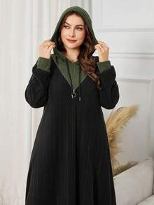Al Najma Vestido largo casual y versátil de tela de felpa con bloqueo de color, cremallera decorativa y capucha, de alta gama y sofisticado, para mujer, talla grande, adecuado para uso en el hogar, otoño/invierno - Multicolor - Ver 4