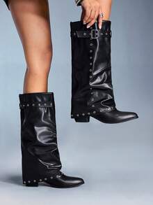 CUCCOO GRLICON Y2K Punk Style Pointed Toe Wooden Heel Knee-High Slip-On Buckle Belt Rivet Decor Boots, Suitable For Motorcycle, Cool Girl, Halloween, Christmas, Party Outfits - Black - View 4