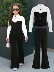 Firerie Kids NovaGlow Tween Girl Tween Girls 2pcs Casual Commute Shirt & Leggings Set, Black Shirt Top & Pants - Black - View 1