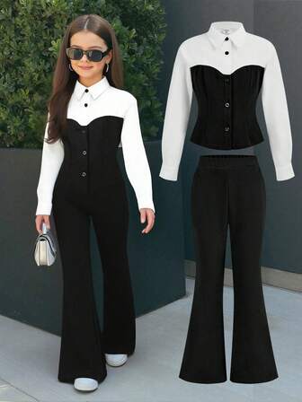 Firerie Kids NovaGlow Tween Girl Tween Girls 2pcs Casual Commute Shirt & Leggings Set, Black Shirt Top & Pants