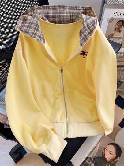 SHEIN LUNE Plus Size Women's Woven Regular Autumn/Winter Comfortable Casual Sports Zip-Up Long Sleeve Plaid Hooded Sweatshirt, Yellow