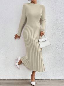 RosyDaze Váy dệt kim cổ đứng màu trơn thanh lịch, Thu/Đông - Màu be - Xem 6