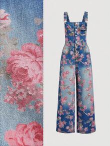 SHEIN MOD Women's Square Neck Sleeveless Straight Floral All-Over Print Denim Jumpsuit - Dark Wash - View 1