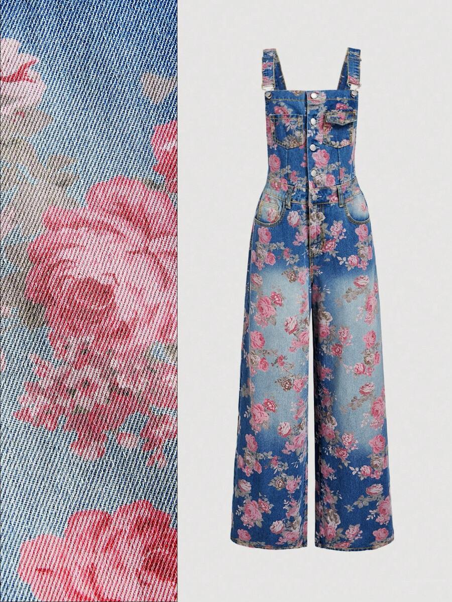 SHEIN MOD Women's Square Neck Sleeveless Straight Floral All-Over Print Denim Jumpsuit - Dark Wash - View 1