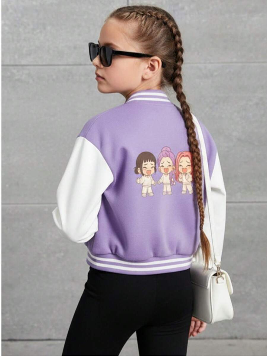 Chaqueta de béisbol universitaria para niña con estampado de dibujos animados anime kpop Rumi Mira Zoey, estilo bomber juvenil informal con botones. - Lila Púrpura - Ver 1