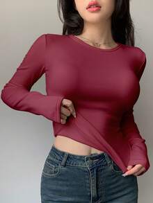FRIFUL Áo thun nỉ nữ màu trơn dáng rộng, đa năng cho mùa thu/đông, tay dài. - Màu Đỏ Sâu - Xem 5