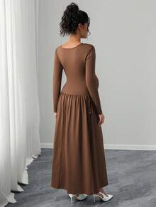 Momance Robe de maternité à manches longues, encolure asymétrique, Top du corps ajusté, taille ample, décoration nœud papillon, robe longue